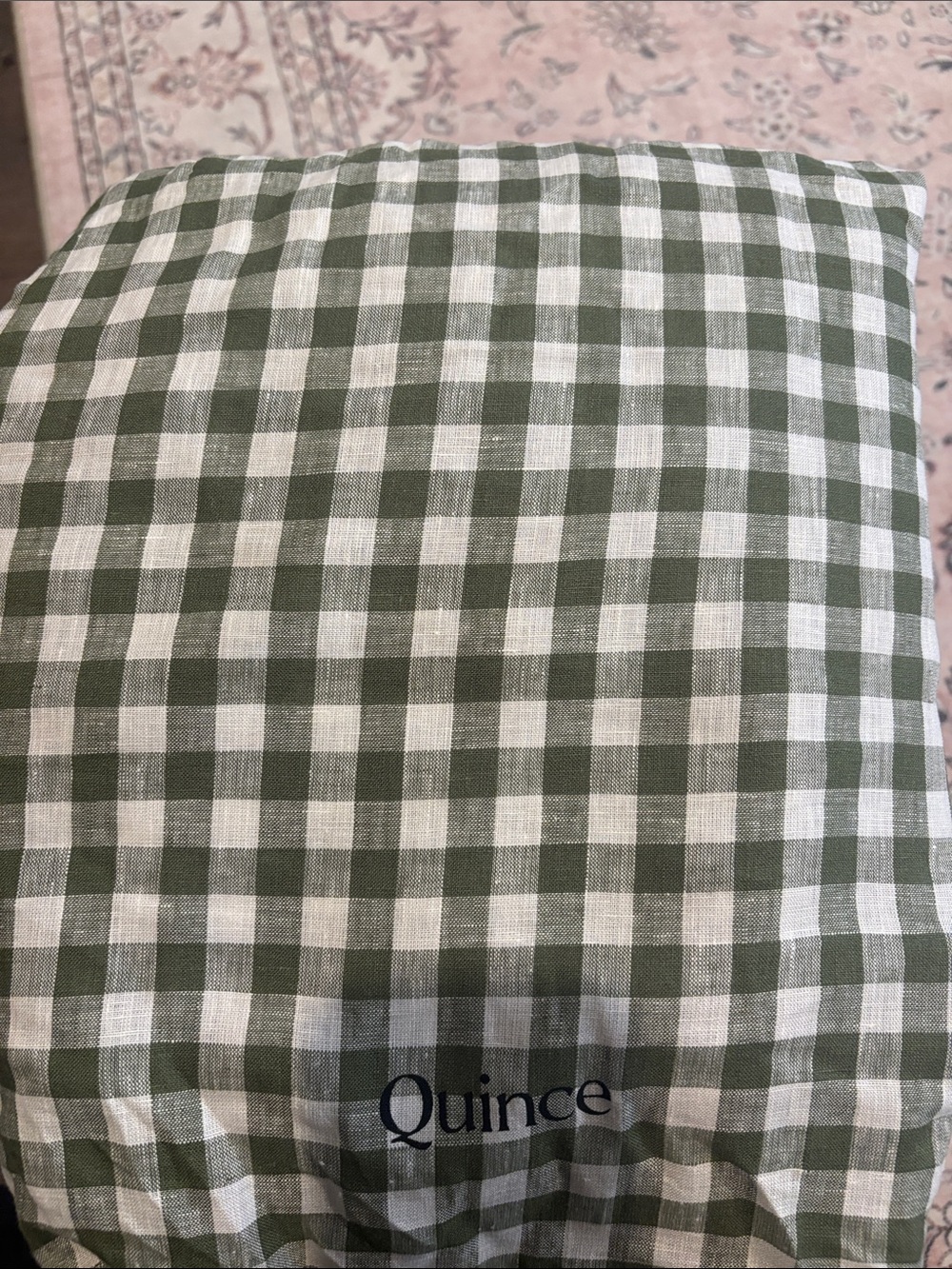 Quince Olive Green and White Gingham sheet set. Only has one sham. With dust bag
